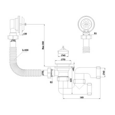 Е250/V210 Сифон 1 1/2 ванна с в/п рег.